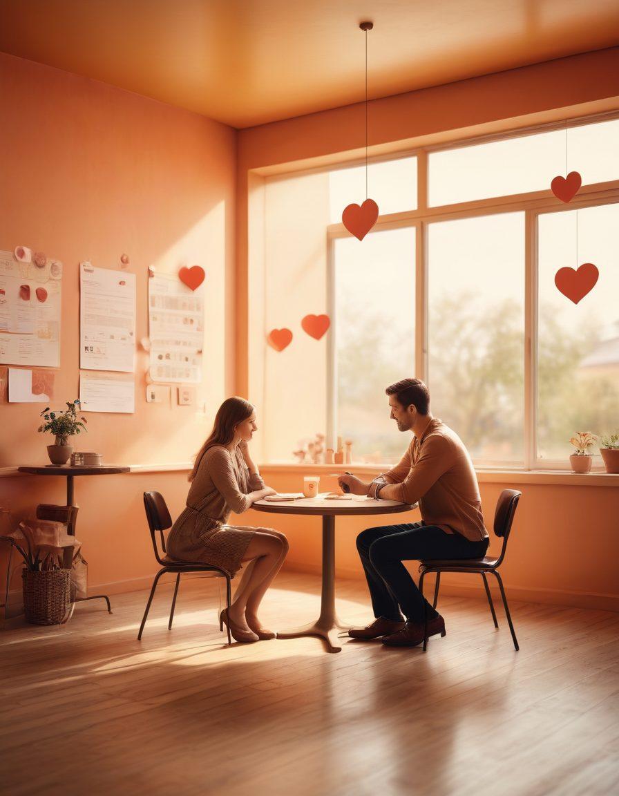 A tranquil scene showcasing a couple thoughtfully reviewing love protection policies together at a cozy cafe, surrounded by heart-shaped icons and symbolic insurance documents. The background features soft, warm colors that evoke trust and romanticism, while a light glow highlights the couple's interaction, symbolizing security and love. super-realistic. warm tones. soft focus.