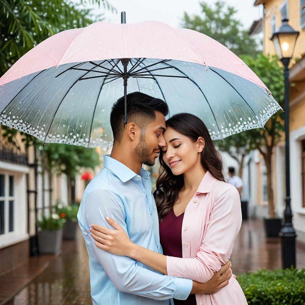 A serene couple embracing under a protective umbrella made of heart shapes, symbolizing love insurance and safety. Soft pastel colors with a gentle rain falling around them, creating a warm and comforting atmosphere. Include subtle icons of locks and shields in the background to represent safe love coverage. super-realistic. soft colors. calming ambiance.