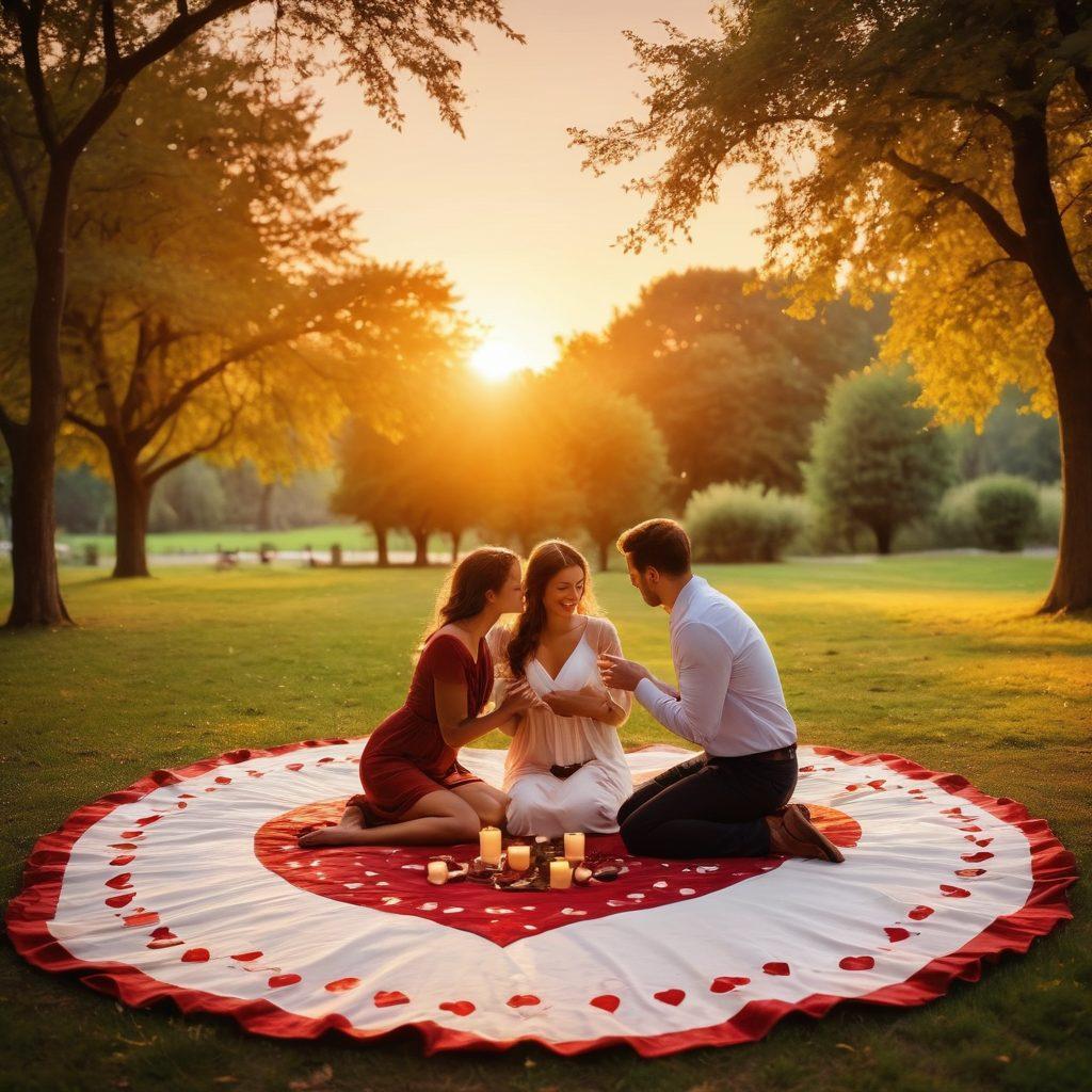 A beautifully decorated picnic setup in a scenic park, featuring a heart-shaped blanket, candles, and a bottle of wine, symbolizing romance and special moments. In the background, a couple embraces as the sun sets, casting a warm glow over the scene. Subtle icons of insurance symbols like hearts and shields are interwoven into the setting to signify romantic insurance. The mood is warm and inviting, evoking feelings of love and security. soft lighting. vibrant colors. painting.